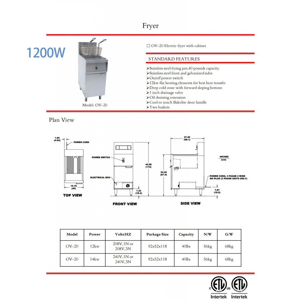 Commercial Electric Deep Fryer, 40 lbs Capacity, 220V, 1200W, 2 Baskets