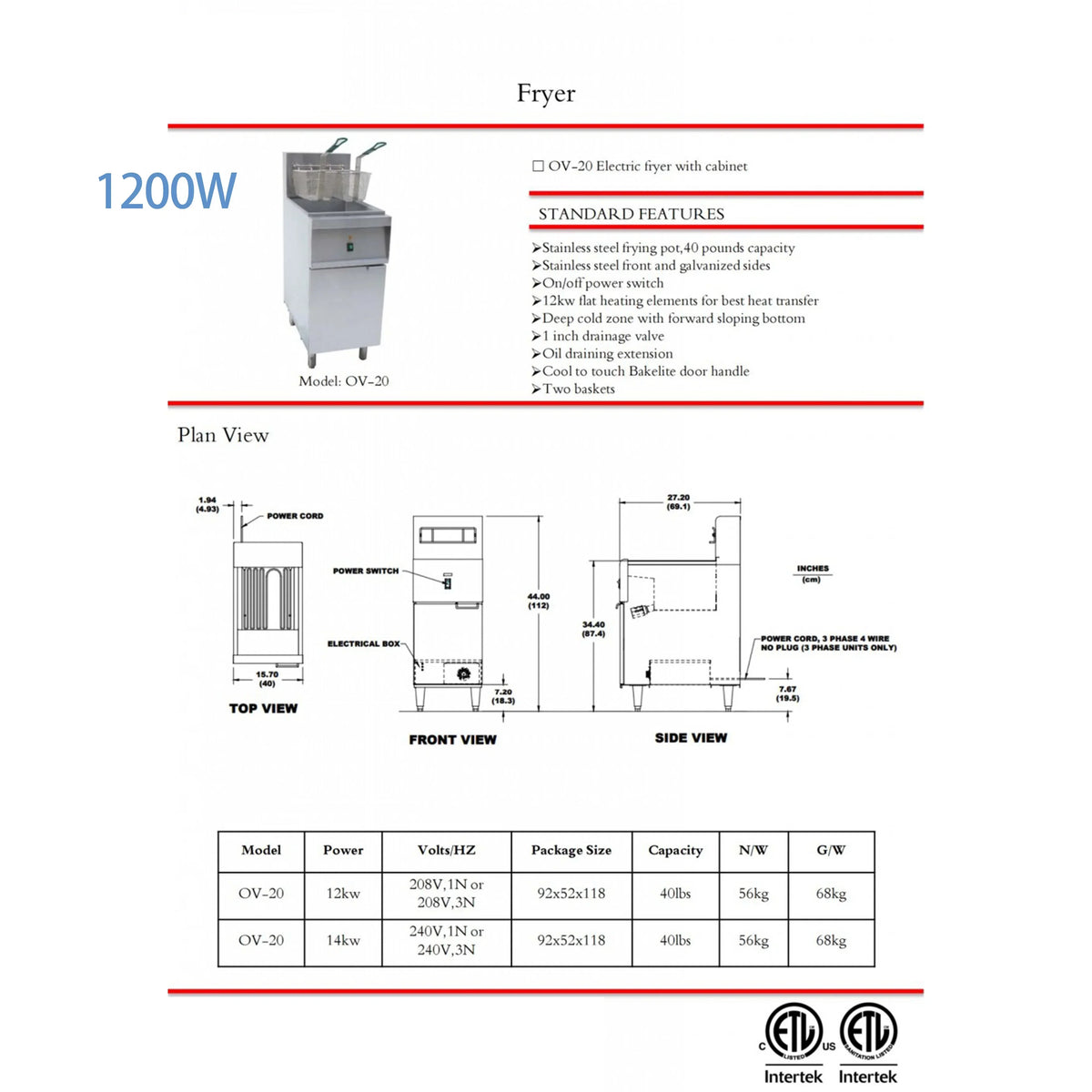 Commercial Electric Deep Fryer, 40 lbs Capacity, 220V, 1200W, 2 Baskets