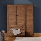 Solid Pine Wood Armoire, 3 Doors, 2 Drawers, 5 Shelves, 73.75 in H x 59.5 in W x 21.5 in D