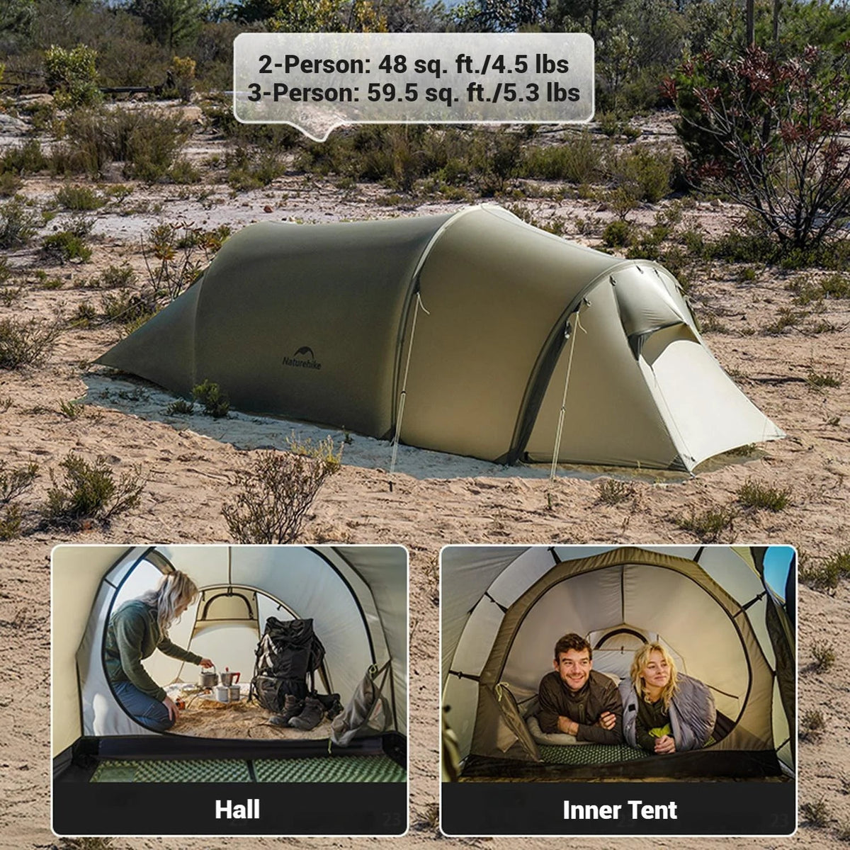 Naturehike Baluosi UL Ultralight Tunnel Hiking Tent, 15D, 2/3 Person, Olive Green - CNK2450WS036