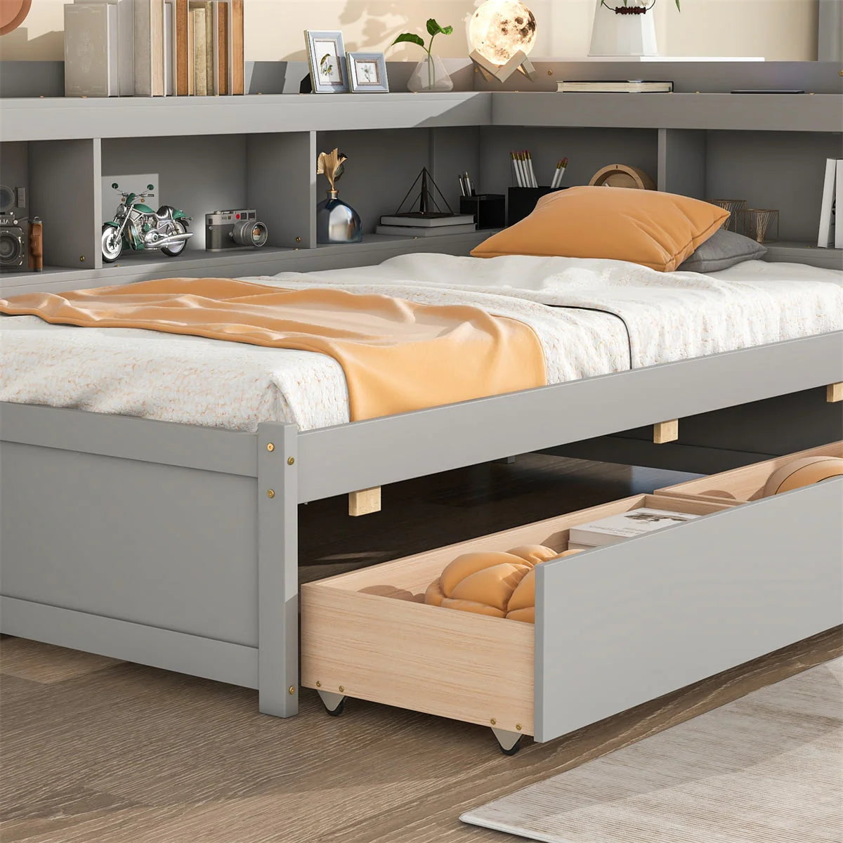 Twin Solid Wood Platform Daybed With L-Shaped Bookcases And 2 Drawers, Gray - 85.20 x 50.40 x 36.70 in