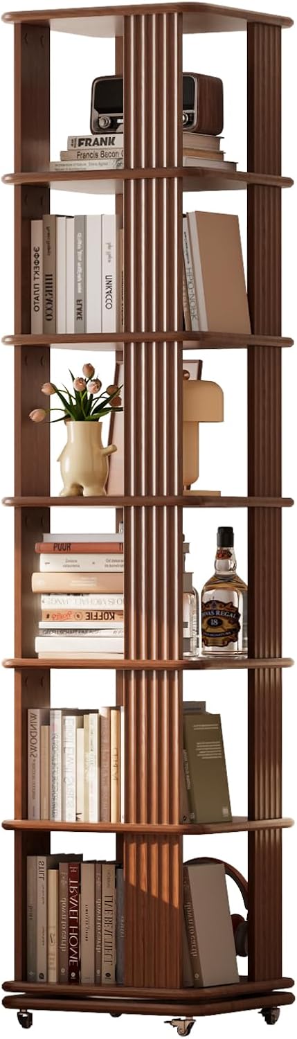 Solid Wood 6-Tier 360 Degree Rotating Rolling Bookshelf - Walnut