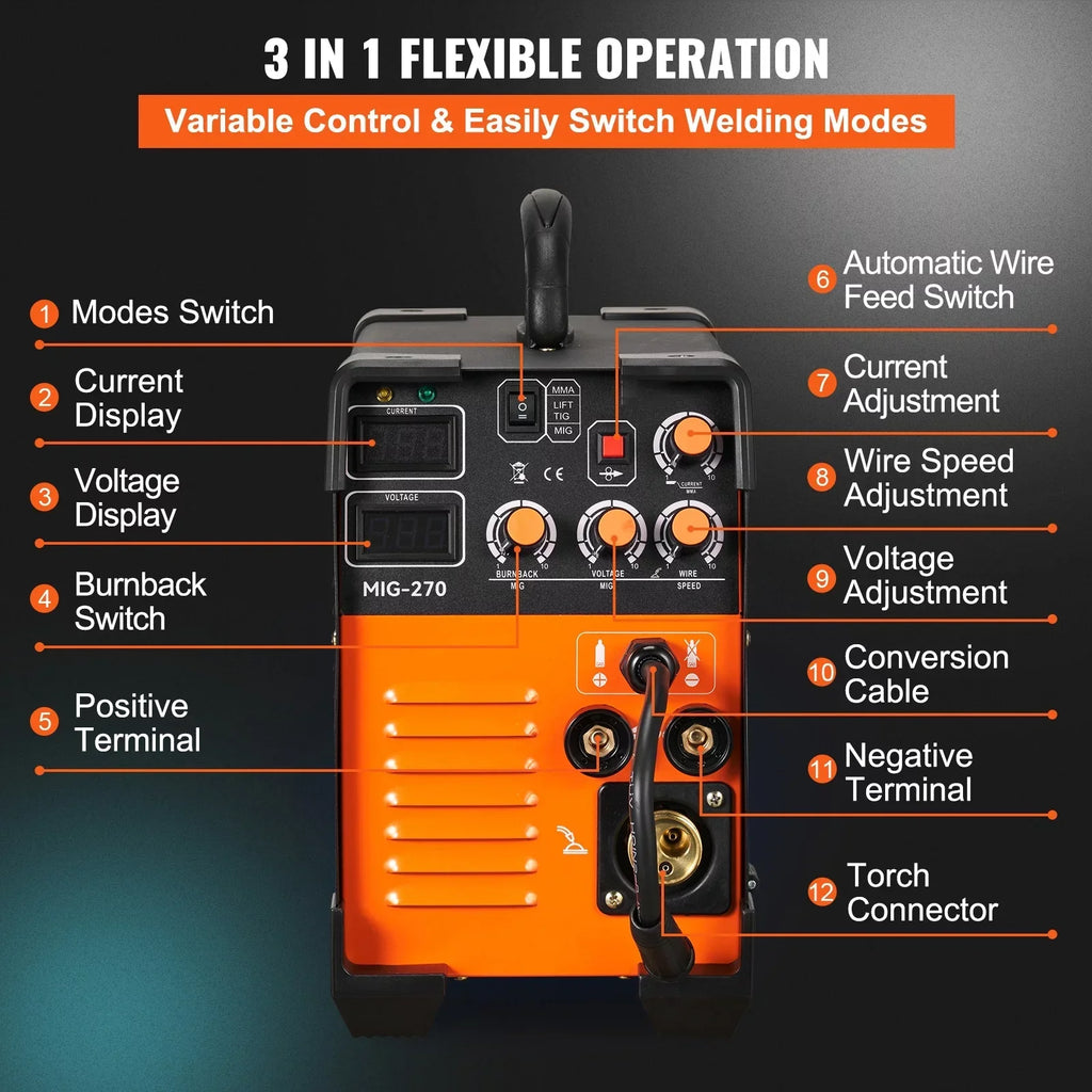 BENTISM 270A 110V Flux Core MIG/TIG/MMA 3-in-1 Welder - MIG-270