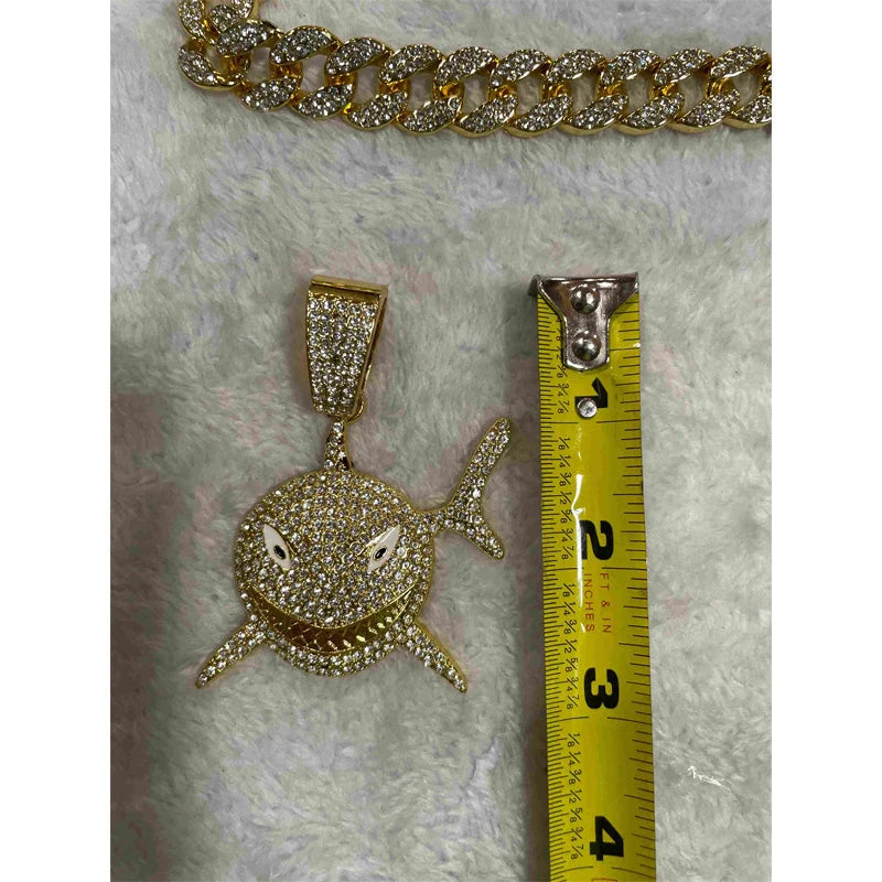 Shark Pendant Necklace With 20in Cuban Link Chain, 13mm Width