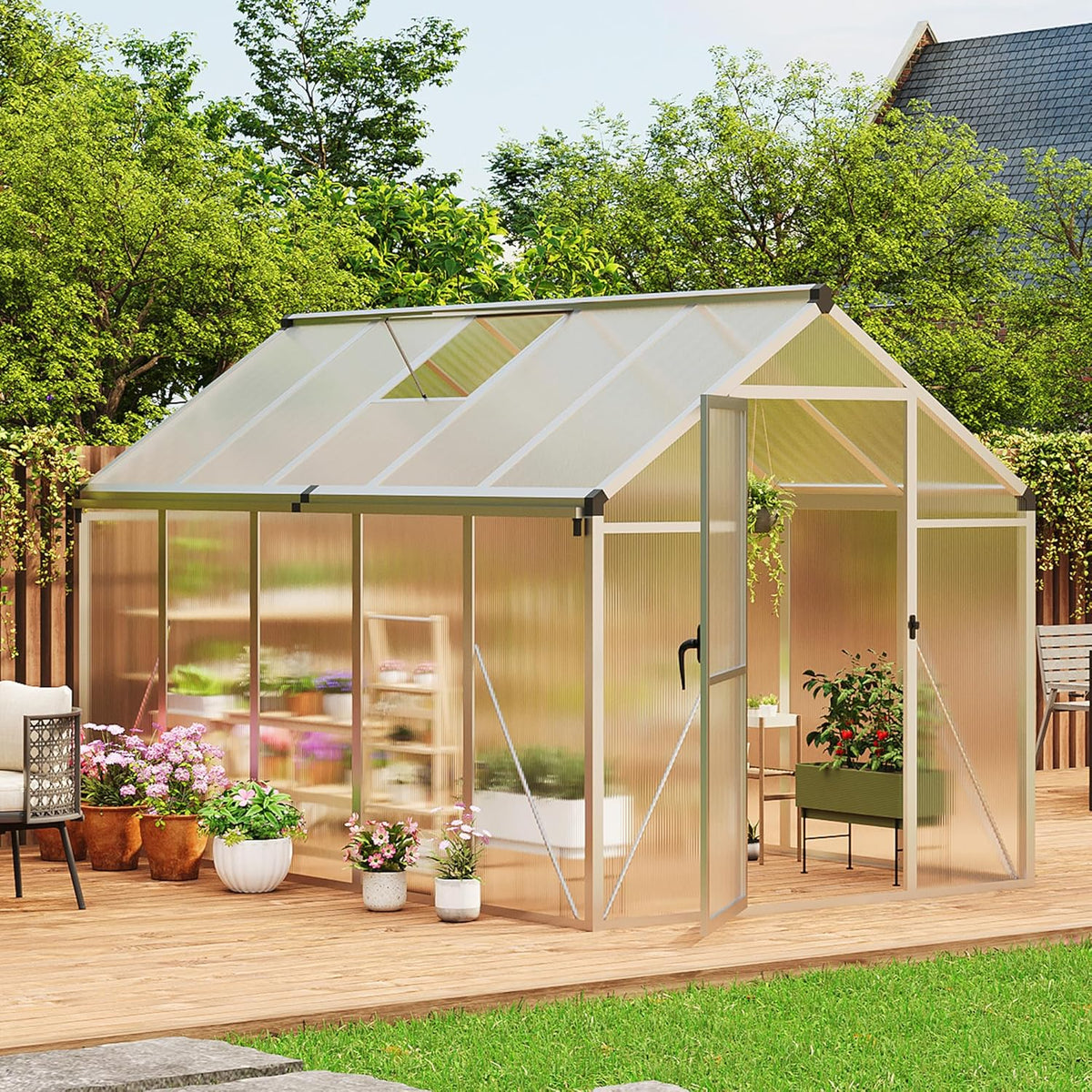 Garvee 6 x 10 ft Green Polycarbonate Greenhouse With Aluminum Frame, Lockable Door And Adjustable Roof Vent
