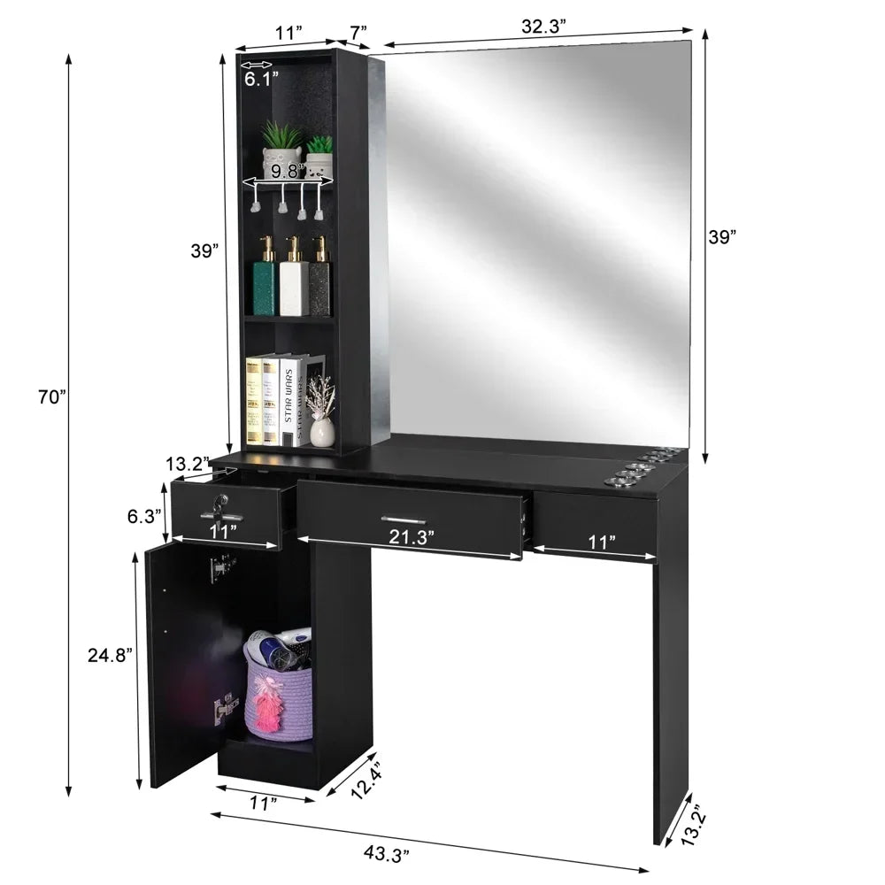 OmySalon Wall-Mount Barber Station With Mirror, 2 Drawers, 1 Storage Cabinet And 3 Open Shelves