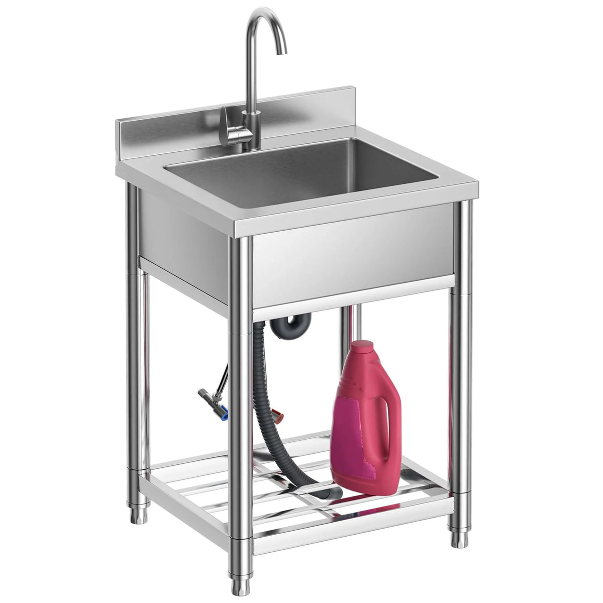 Stainless Steel Commercial Utility Sink With Hot And Cold Water Faucet, Freestanding Single Bowl, 21.7 in