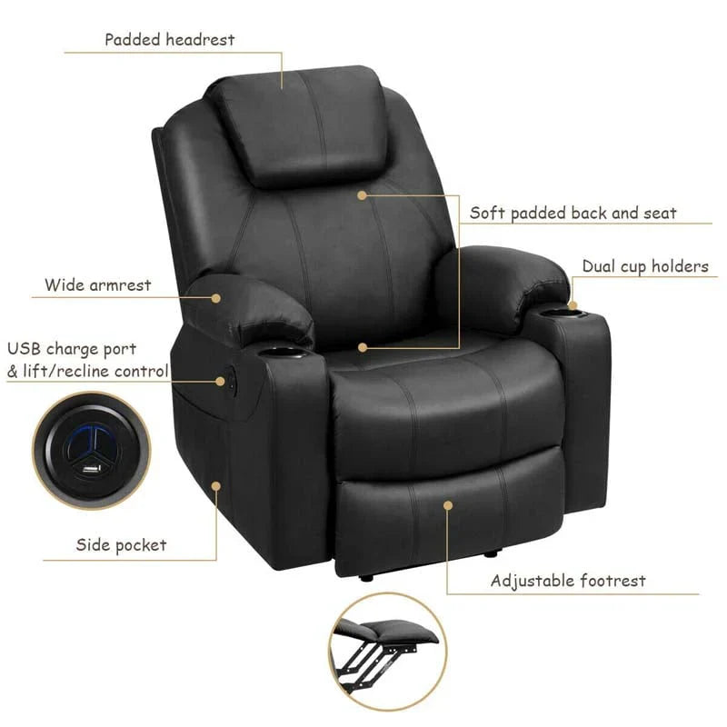 Electric Power Lift Recliner Chair With Leather Massage, Lumbar Heating, 8 Vibrating Nodes, Cup Holders And USB Port