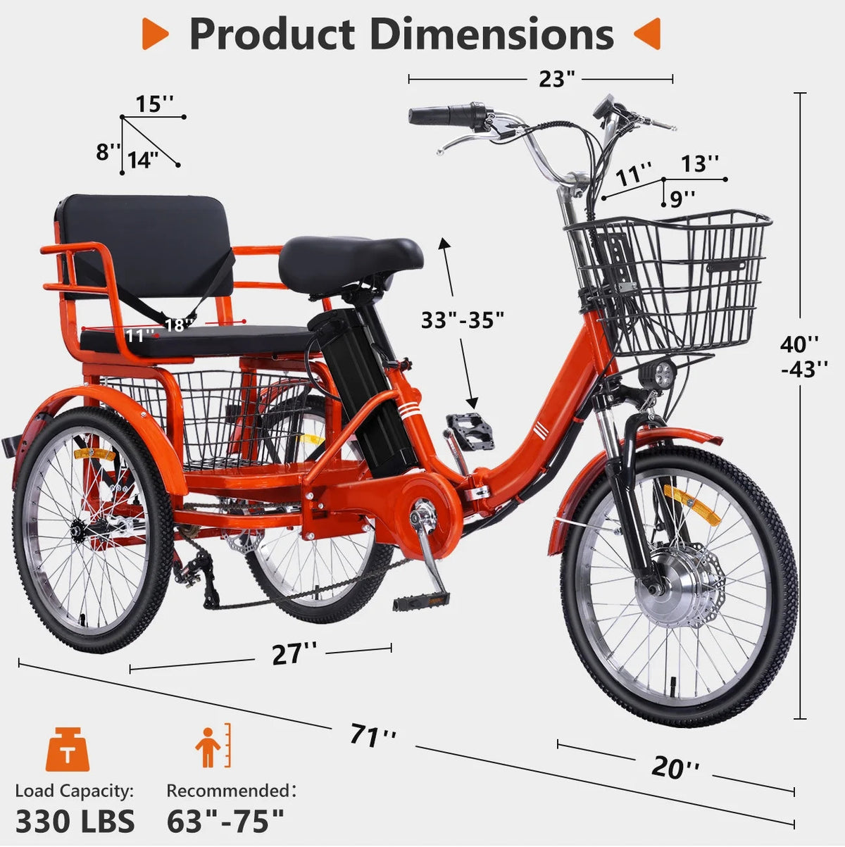 NOMIGO Folding Electric Tricycle for Adults, 3 Wheel, 350W, 48V13AH Lithium Battery, Orange