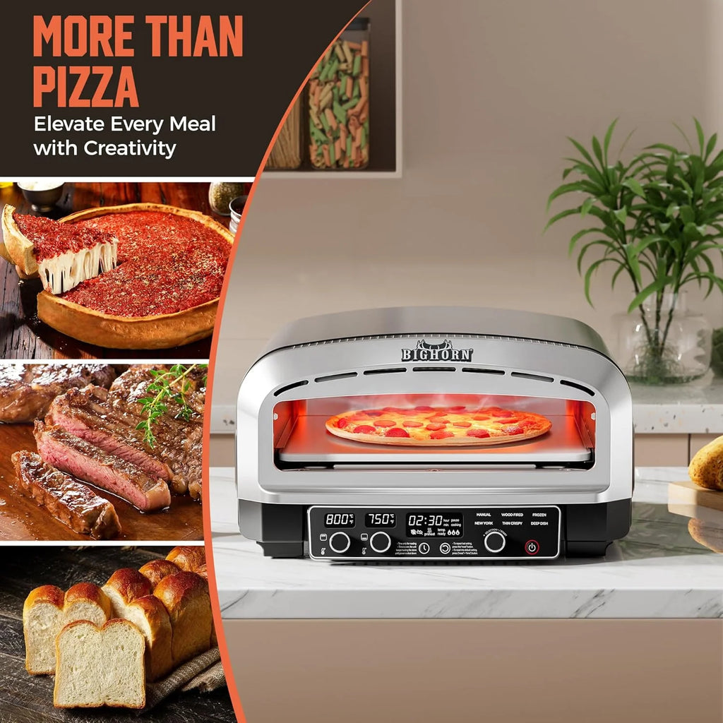 BIG HORN OUTDOORS Countertop Electric Pizza Oven, 14-inch, Stainless Steel, Black/Silver