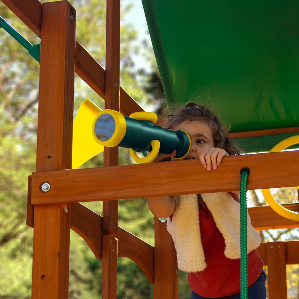 DIY Wooden Outdoor Playset With Tarp Roof, Rock Wall, Wave Slide, 3 Swings - Outing III
