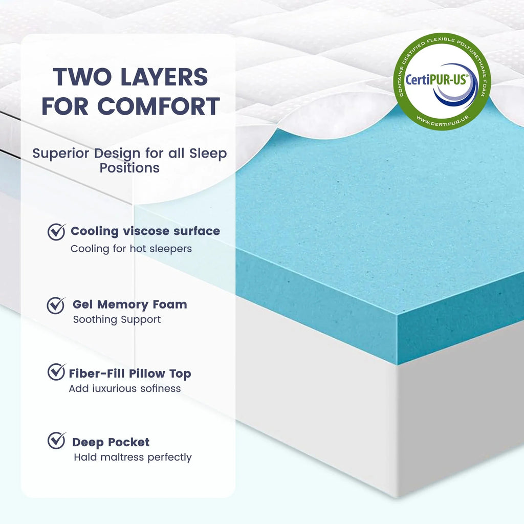 COOLHUT 4-Inch Dual Layer Gel Memory Foam Mattress Topper, King Size, White