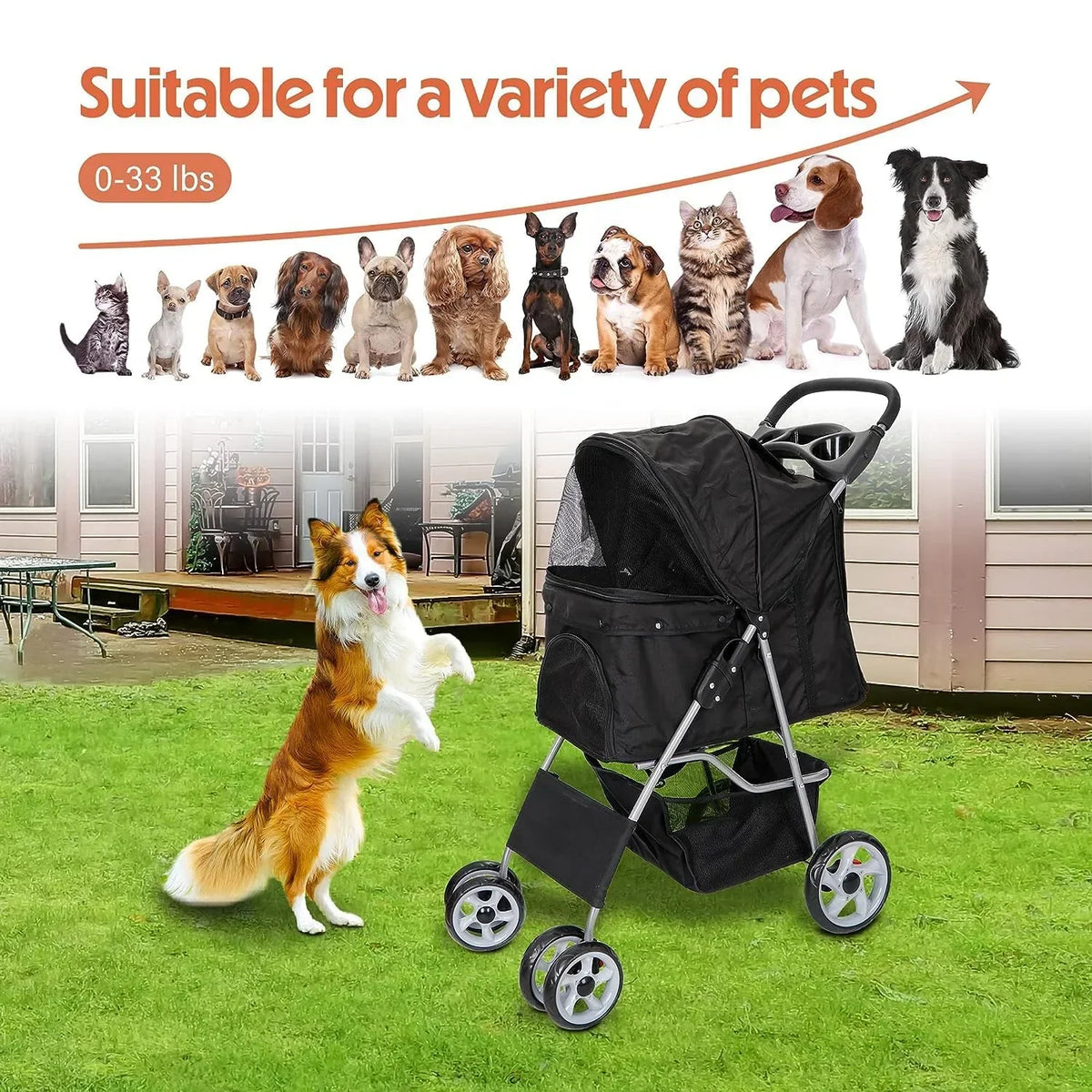 Foldable Cat/Dog Pet Stroller With 4 Wheel, Storage Basket, Cup Holder - Black