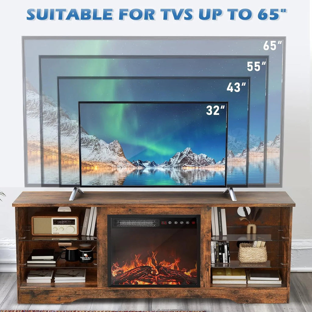 Waleaf TV Stand With 18 in Electric Fireplace And Adjustable Glass Shelves - TVs Up To 65 inch