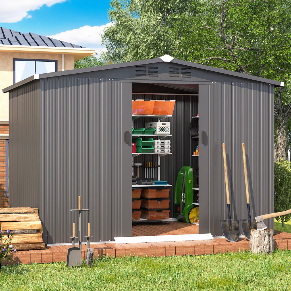 U-MAX 8 x 6 ft. Wood Grain Outdoor Metal Storage Shed With Lockable Door