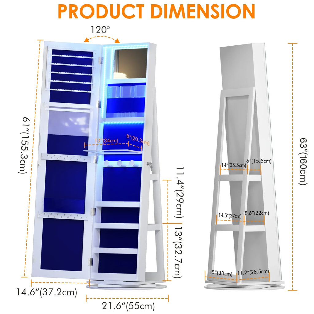 LVSOMT 360 Degree Rotating LED Jewelry Armoire With Full Length Mirror