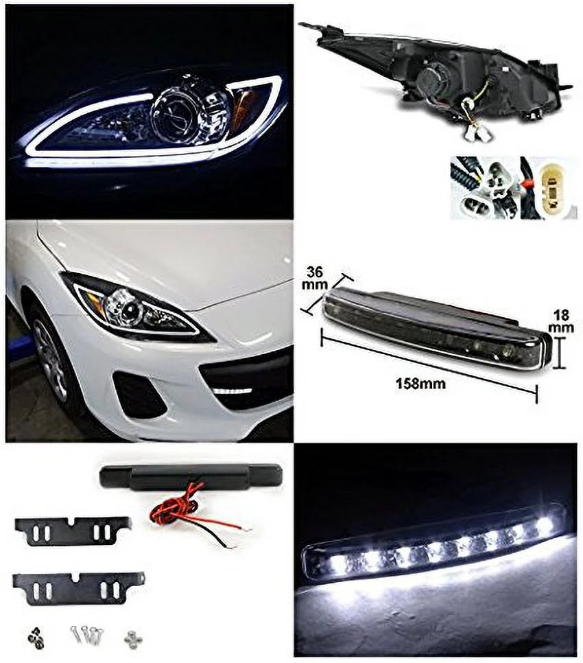 Mazda 3 JDM Black LED DRL Strip Projector Headlights With 8-LED DRL Fog Lights - 10-13