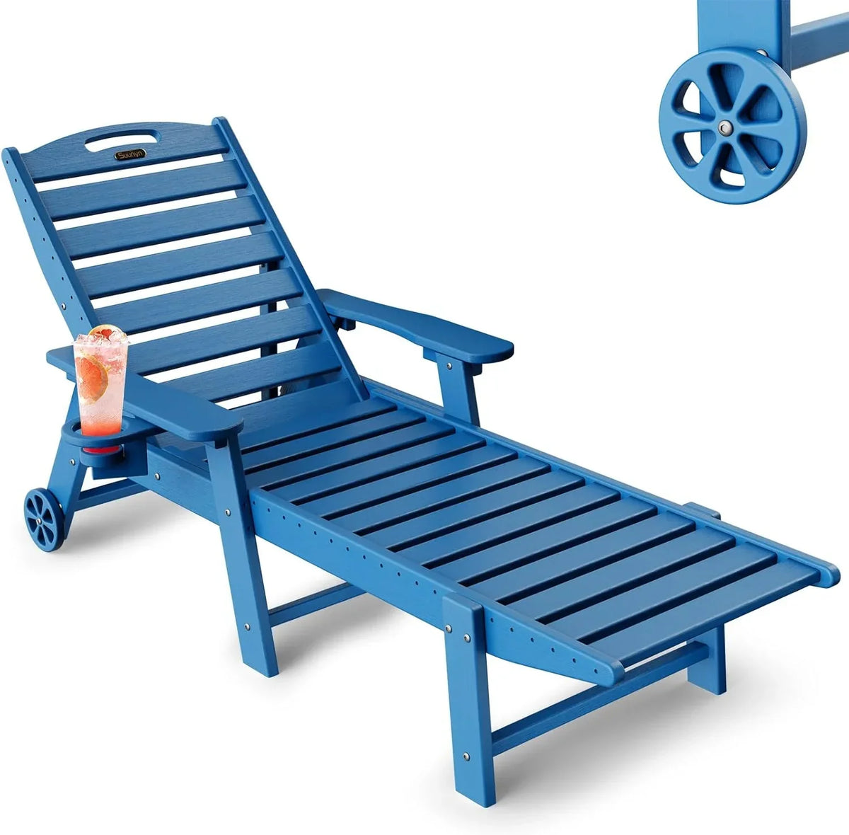 SUUNYN HDPE 6-Position Outdoor Chaise Lounge Chair With Wheels And Cup Holder - Teak
