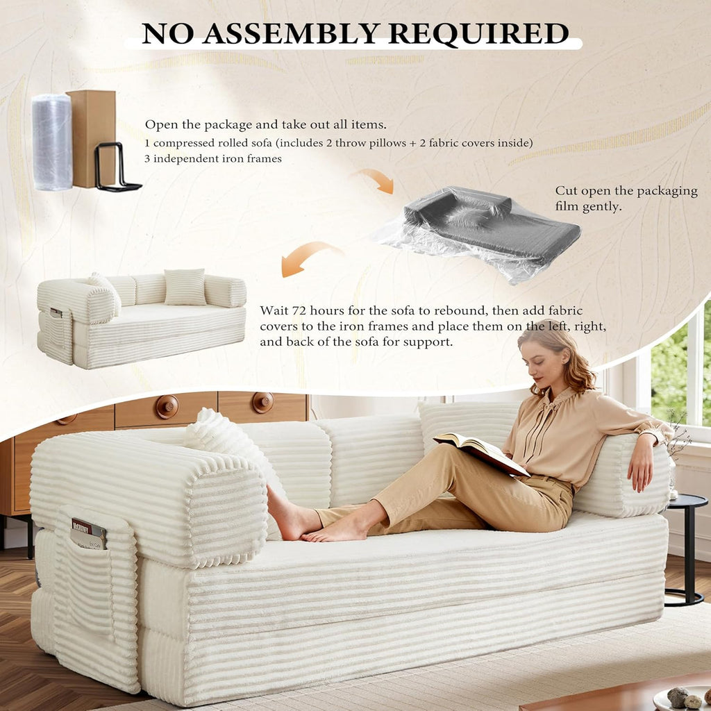 Boneless Folding Futon Sofa Bed, Fixed-Shape Corduroy Upholstered, White, 81 Inches
