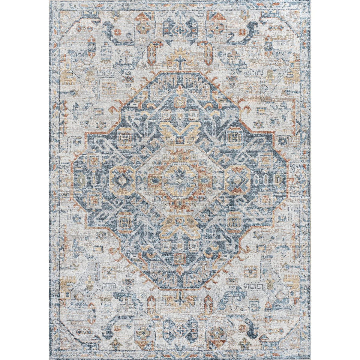 Bohemian Medallion Low-Pile Machine-Washable Area Rug, Cream And Terra