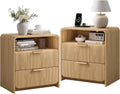 Fluted Nightstand Set Of 2 With Charging Station, 24 Inch, Natural Oak