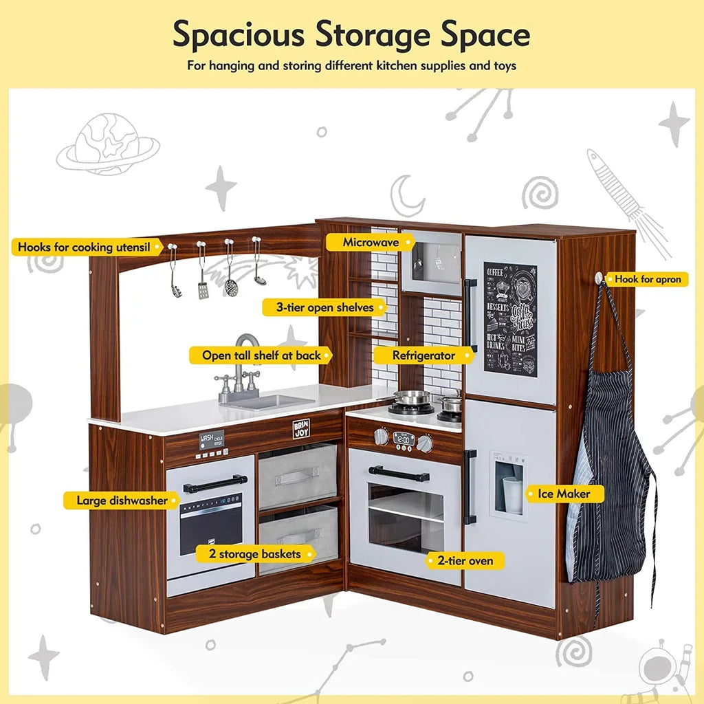 BRINJOY Corner Wooden Kids Play Kitchen With Faucet, Sink, Microwave, Oven, Apron, Blackboard, Sound And Light