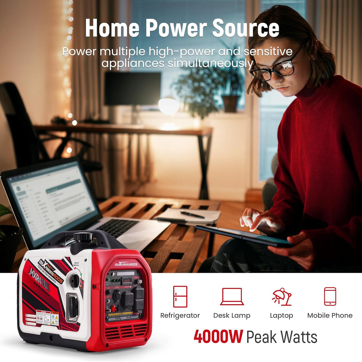 maXpeedingrods 4000 Peak Watt 3200 Running Watt Portable Gas Inverter Generator With Bluetooth App, RV Ready, CO Alarm - MXR4000