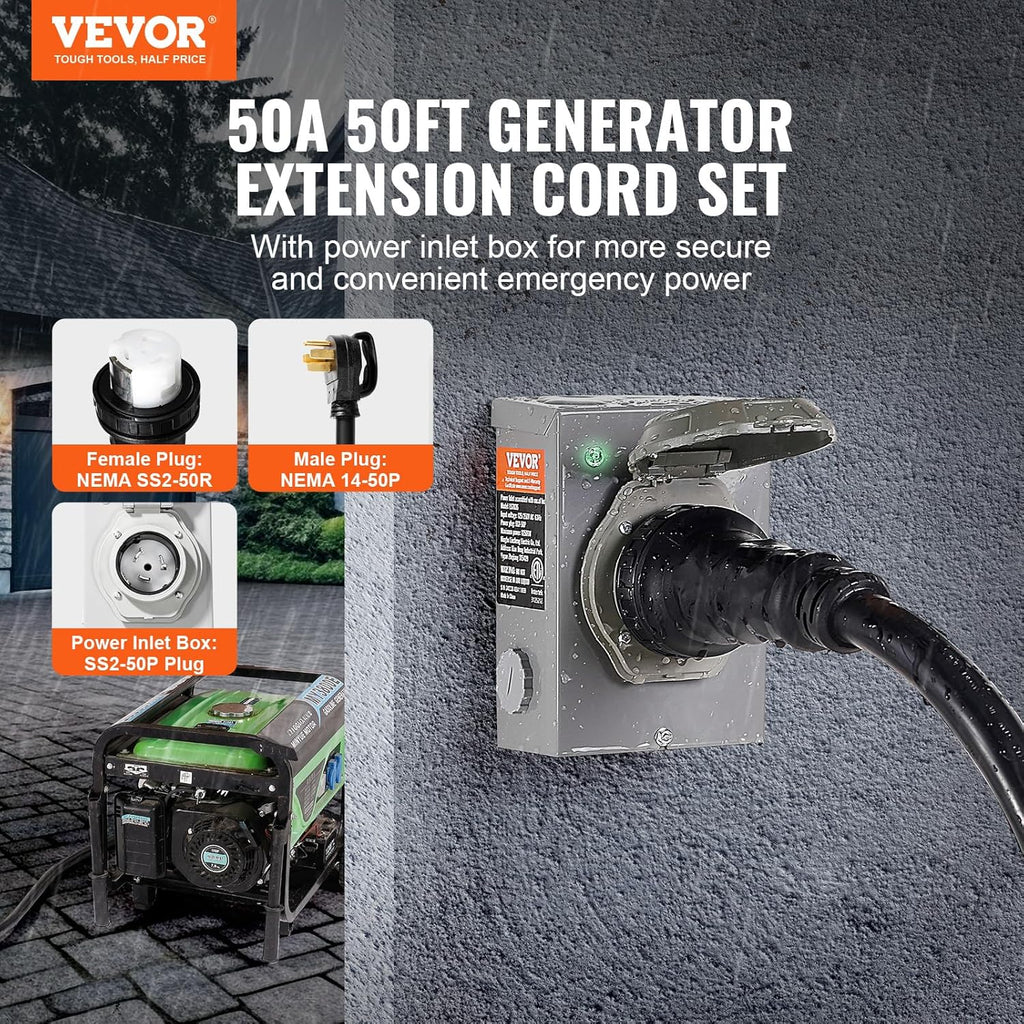 VEVOR 50 Amp Generator Cord And Power Inlet Box Kit, 50-Foot, NEMA 14-50P/SS2-50R, 6/3+8/1 AWG