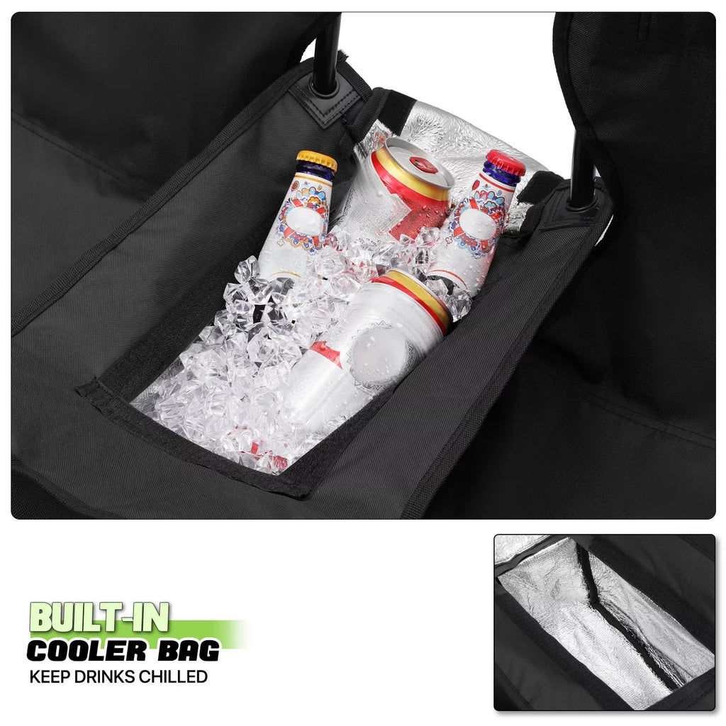 Magshion Portable Double Folding Camping Chair With Removable Umbrella, Cooler Bag And Carry Bag, Black