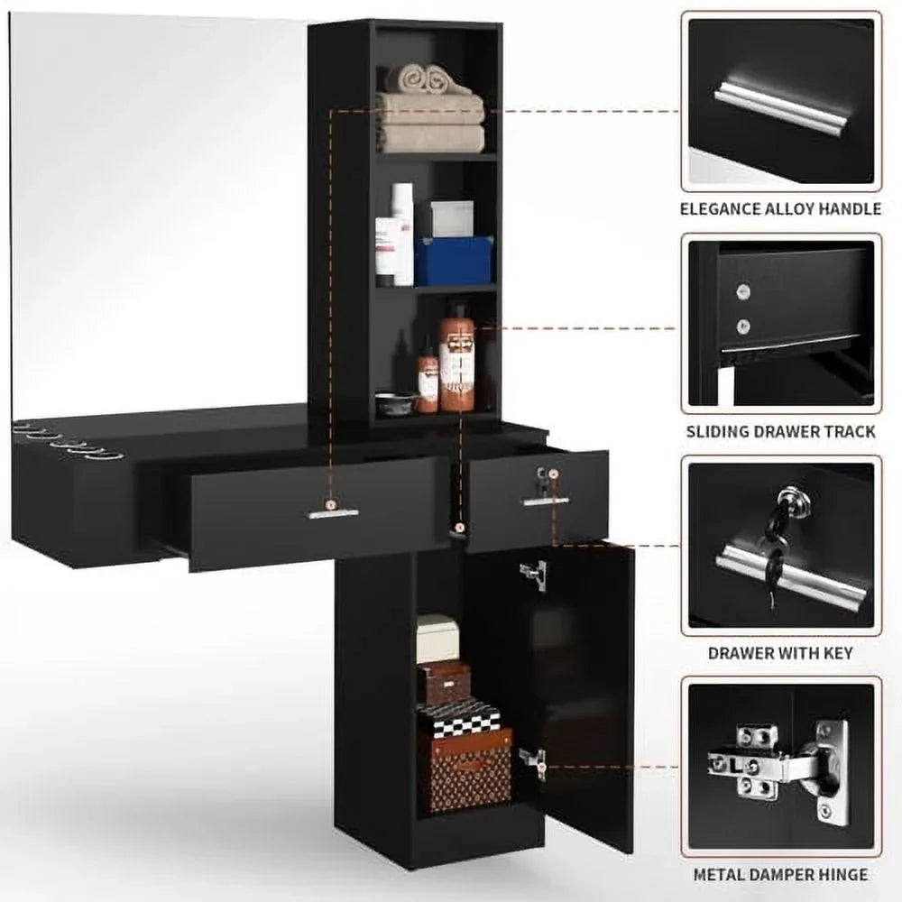 OmySalon Wall Mount Salon Station With Mirror, 1 Storage Cabinet, 2 Drawers And 3-Tier Shelf - Black