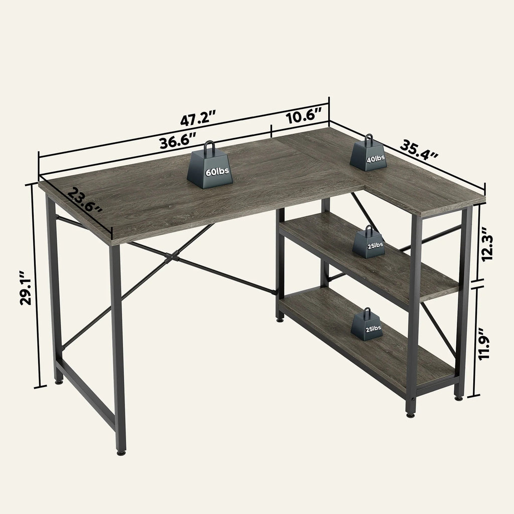 Small L-Shaped Computer Desk With Reversible Storage Shelves - 55-Inch / 47-Inch