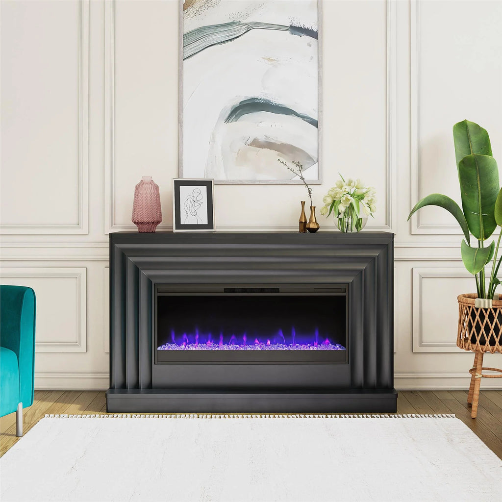 CosmoLiving by Cosmopolitan Electric Fireplace Mantel TV Stand, Black, 65 in, 42 in Insert - Rene