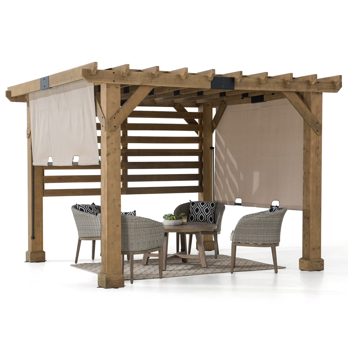 Sunjoy Cedar Wood Hot Tub Pergola 10 x 11 ft With Adjustable Canopy And Privacy Screen
