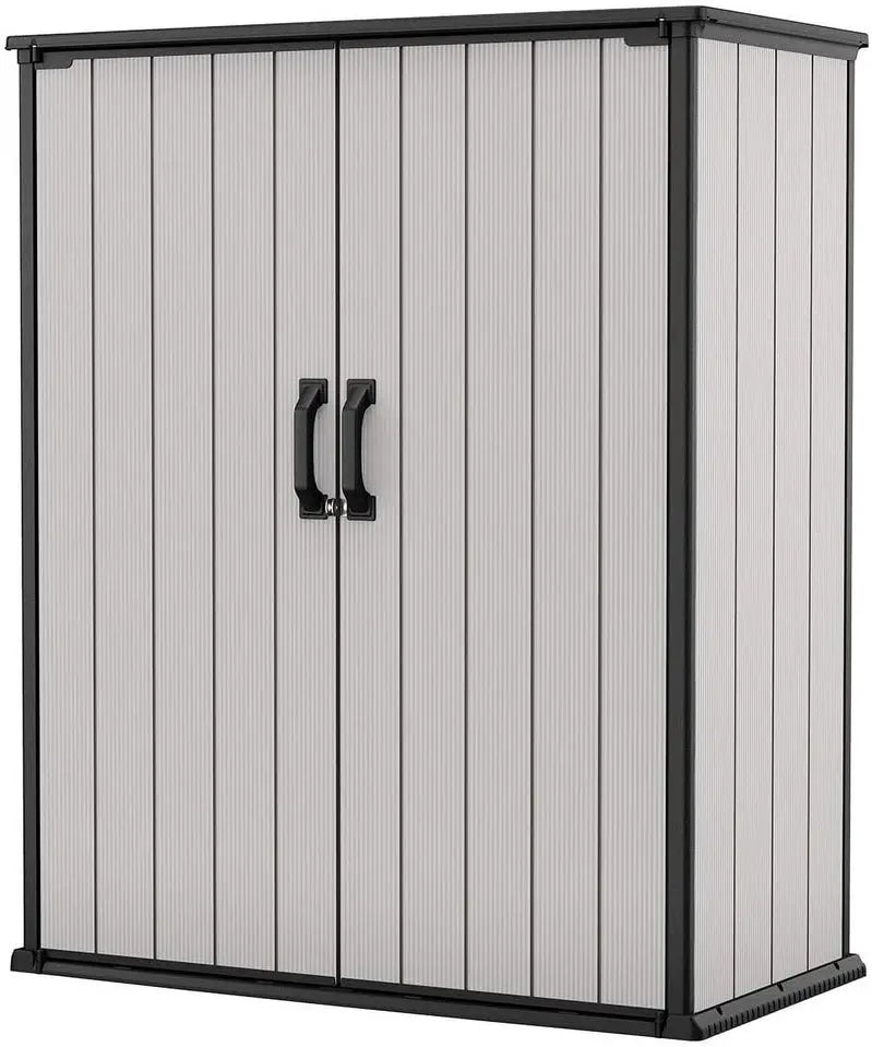 Keter Premier Vertical Outdoor Storage Shed With Floor, Lockable Double Doors, Grey