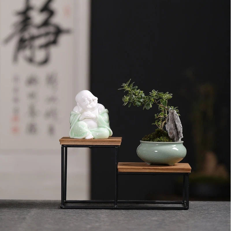 Handmade Clay Laughing Buddha Statue Ornament, White or Green - 9.5cm