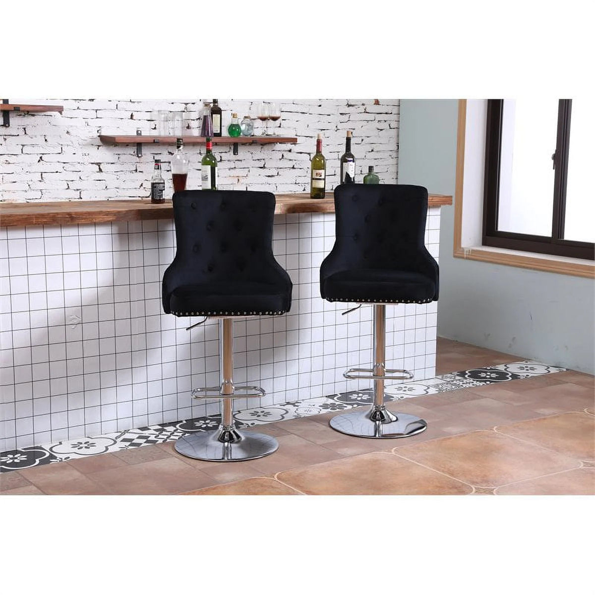 Alexent 2-Piece Swivel Bar Stools, Dark Blue, 43.7-51.6 H, 19.3 W x 18.1 D - Silver Footrest