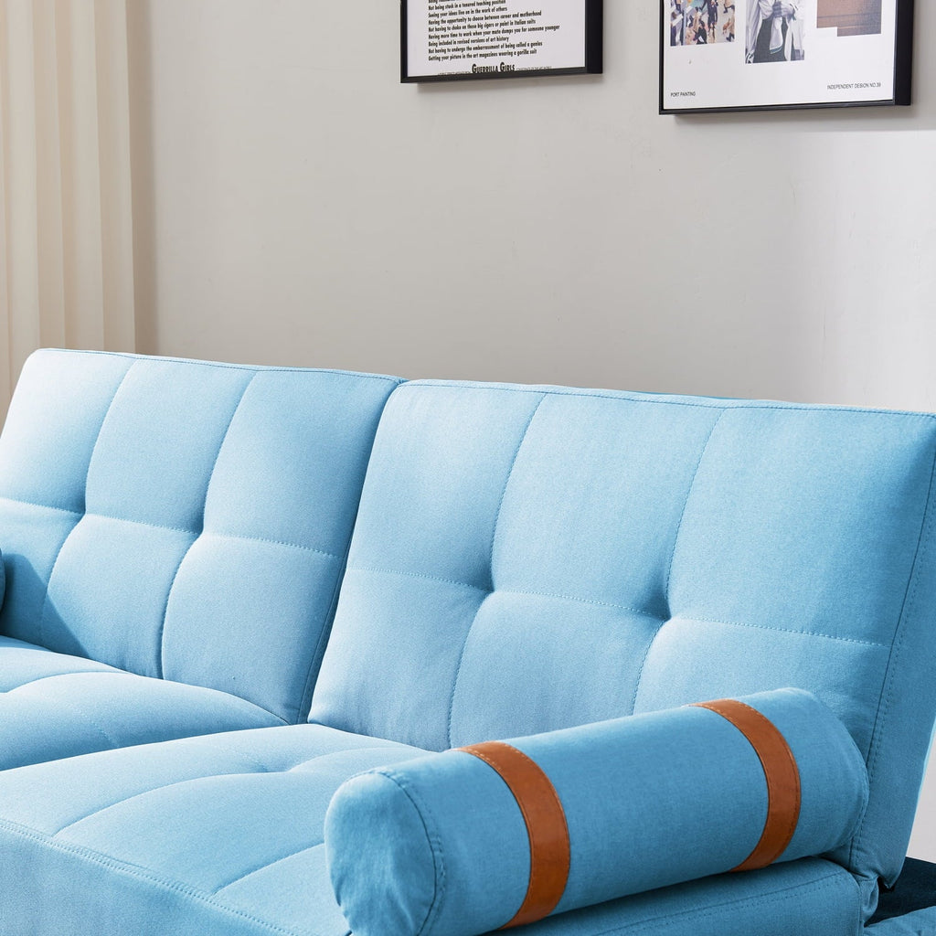 Blue Linen Convertible Futon Sofa Bed With Solid Wood Legs - 65.7in L x 32.2in W x 30in H