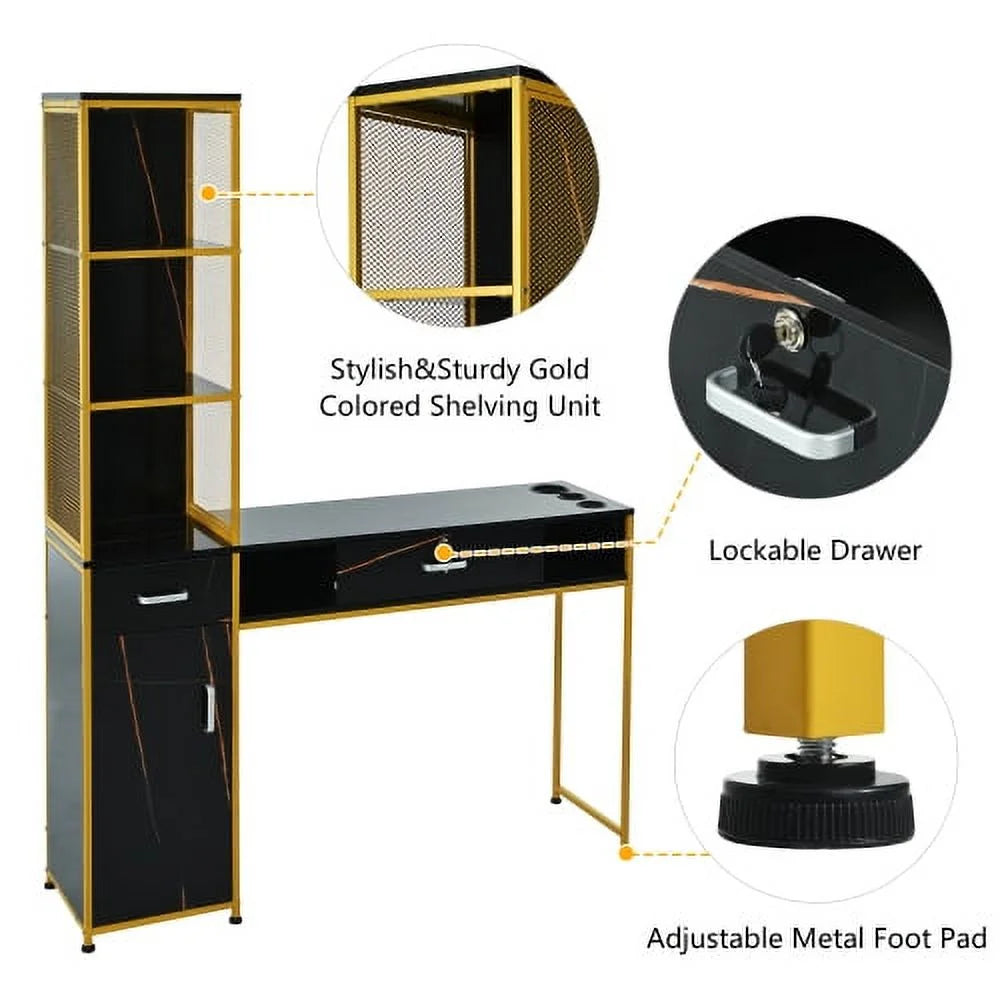 Barber Salon Station With Lockable Drawer, Left Shelf And Storage Cabinet - Black