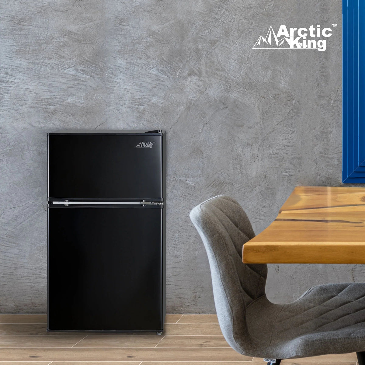 Arctic King Two-Door Mini Fridge With Freezer, 3.2 Cu ft, 18.5 in x 19.4 in x 33.3 in, Stainless Steel - E-Star