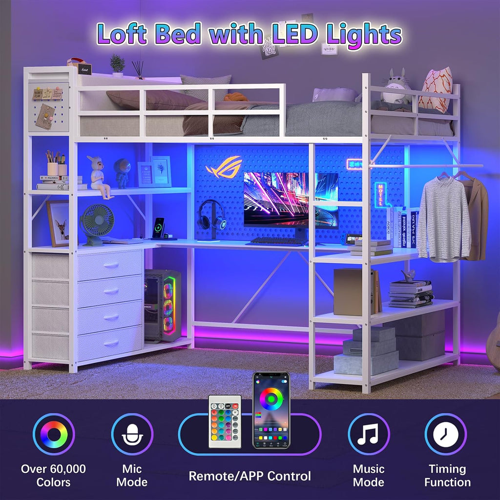Twin Metal Loft Bed Frame With U-Shaped Desk, Storage Headboard, LED Lights, Power Outlet And 4 Drawers
