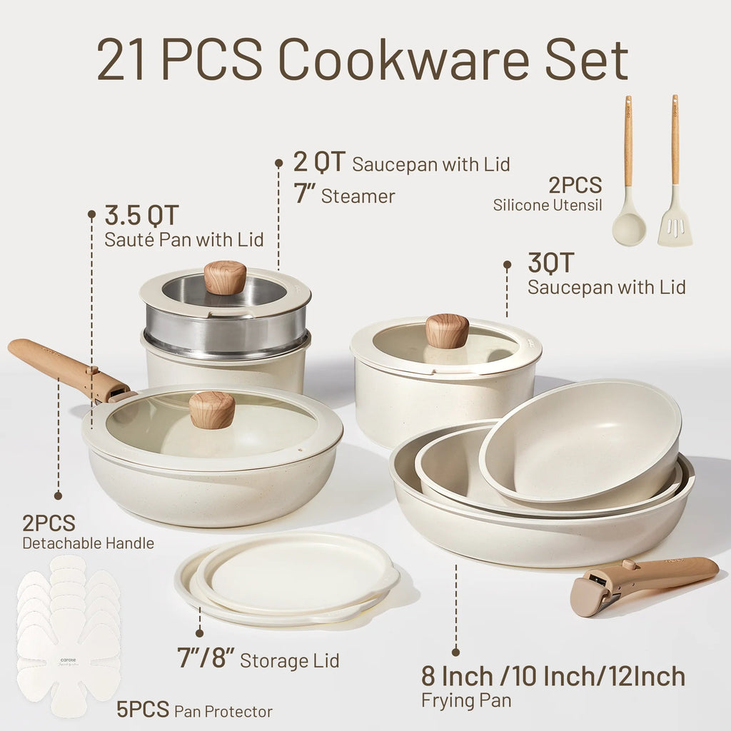 Carote 21 Pcs Nonstick Cookware Set With Detachable Handles, Oven/Dishwasher Safe
