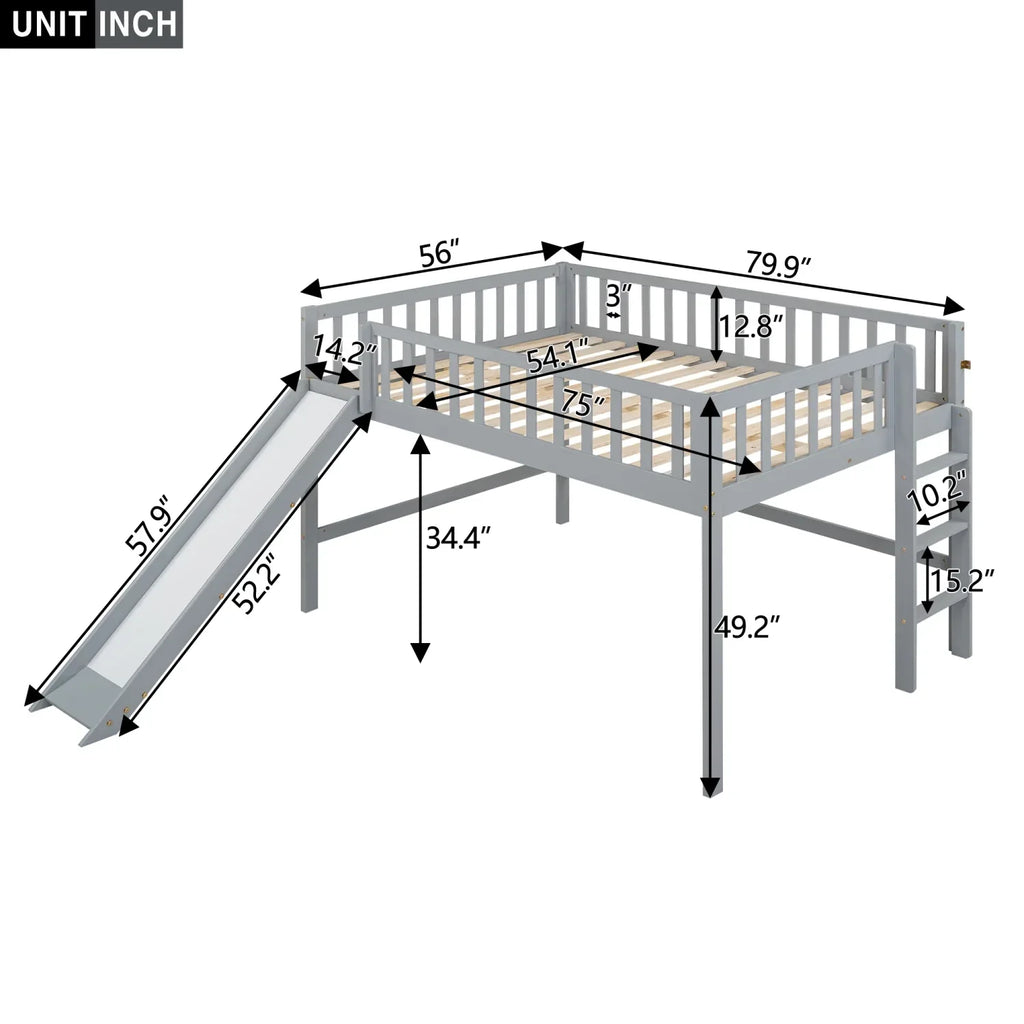 Gray Full Size Low Loft Bed With Ladder And Slide