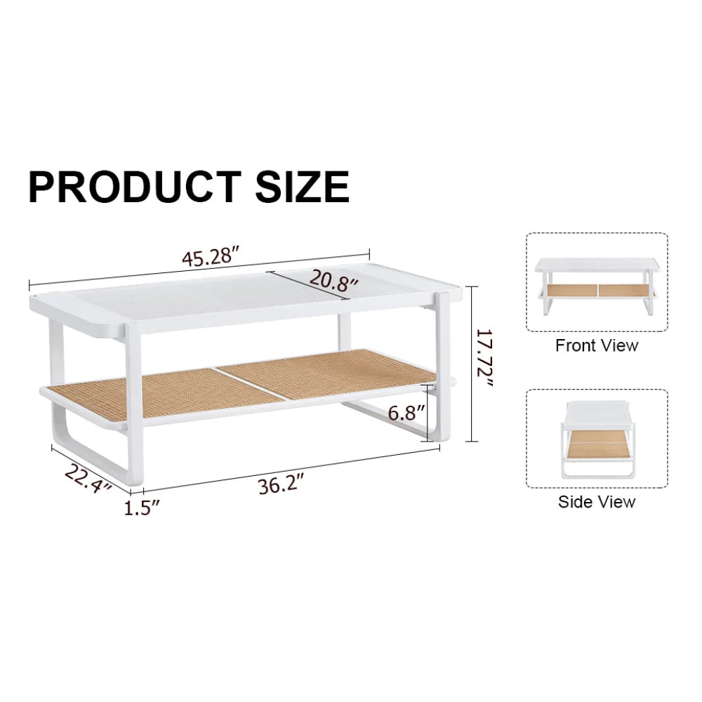 Glass Top Imitation Rattan Solid Wood Side Table, White - W1151134809