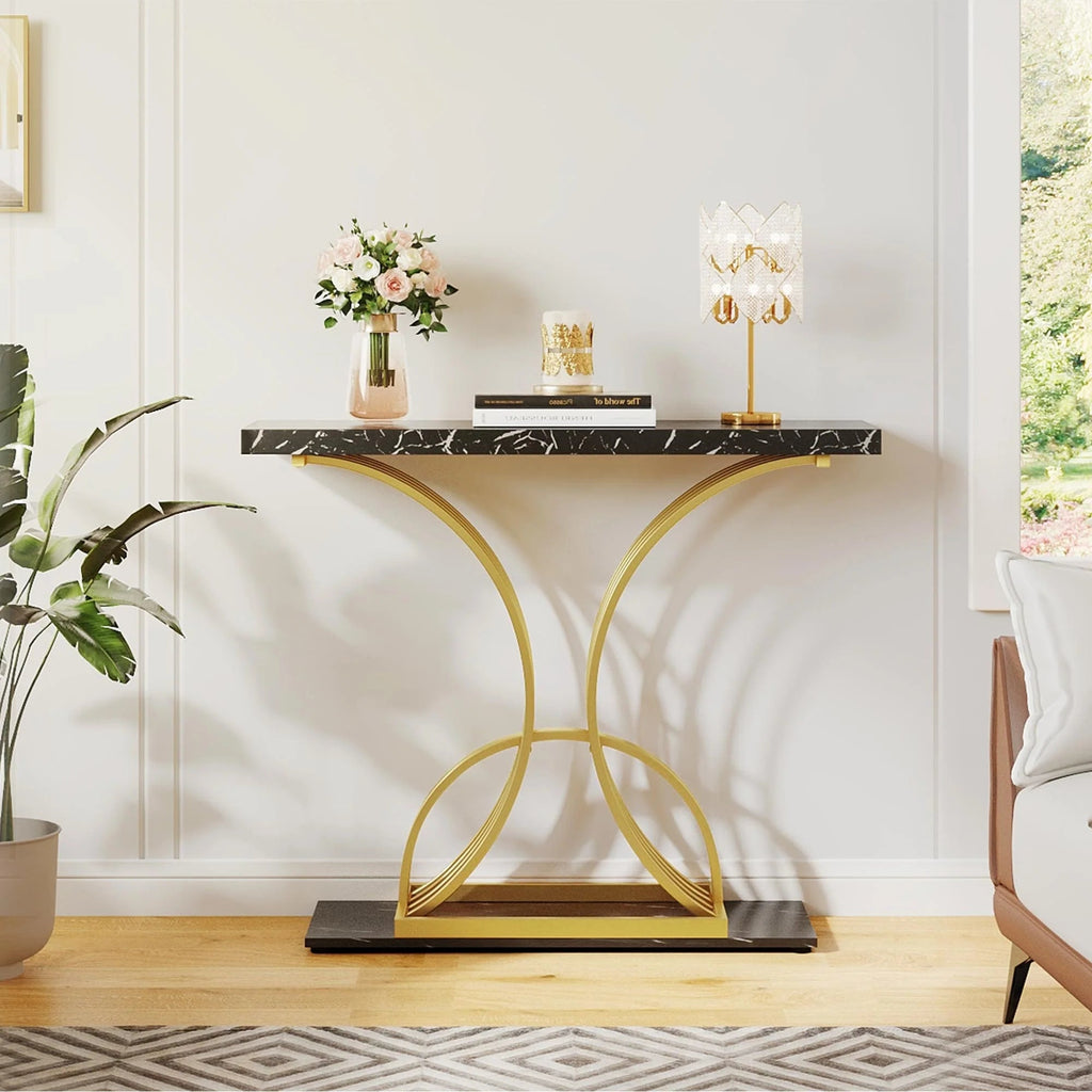 Console Table With Faux Marble MDF Top And Gold Metal Frame