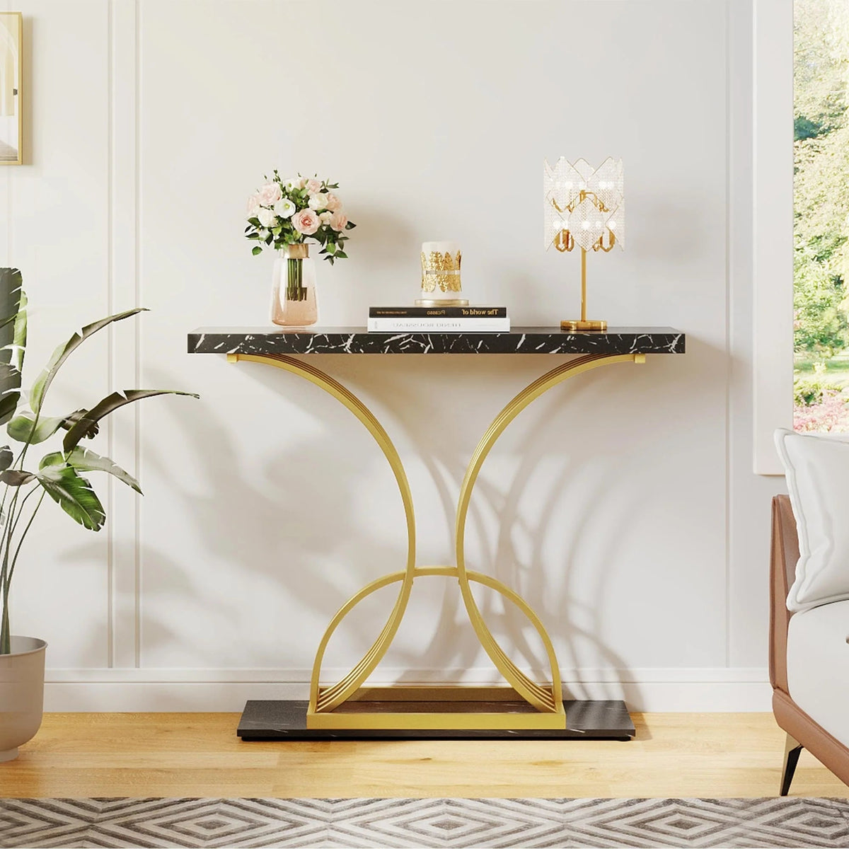 Console Table With Faux Marble MDF Top And Gold Metal Frame