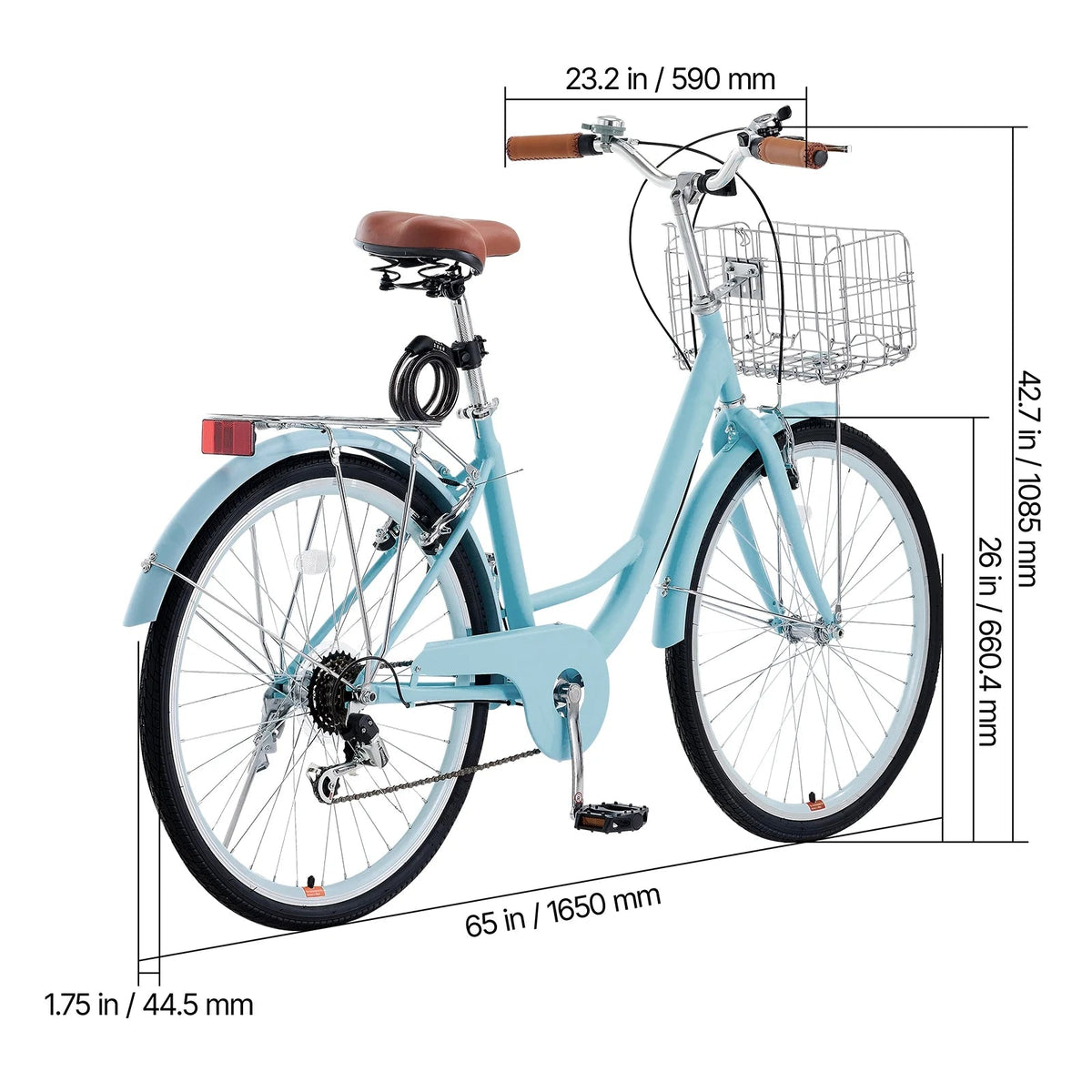 KFFKFF 26 in 7-Speed Cruiser Bike, Pale Blue With Front Basket And Rear Rack - SCB722-B