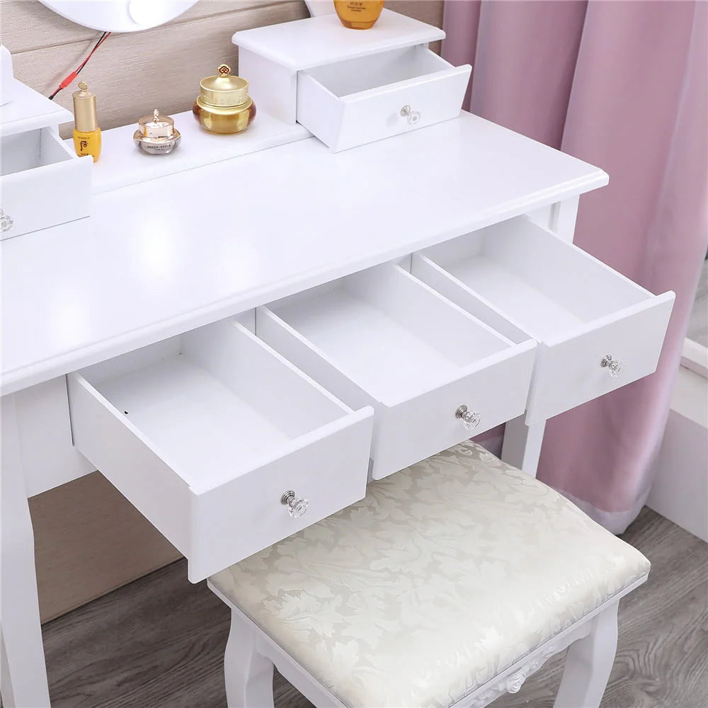 Ktaxon Vanity Table Set With 10 LED Lights, 5 Drawers, Cushioned Stool, White