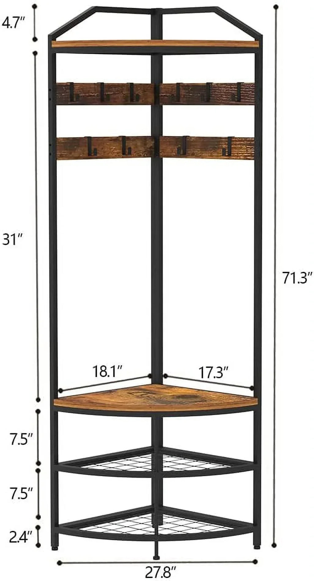 HBROLJF Corner Hall Tree With Shoe Bench, 10 Metal Movable Hooks, Rustic Brown - 71.3 x 18.1 x 18.1 in