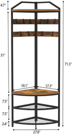 HBROLJF Corner Hall Tree With Shoe Bench, 10 Metal Movable Hooks, Rustic Brown - 71.3 x 18.1 x 18.1 in