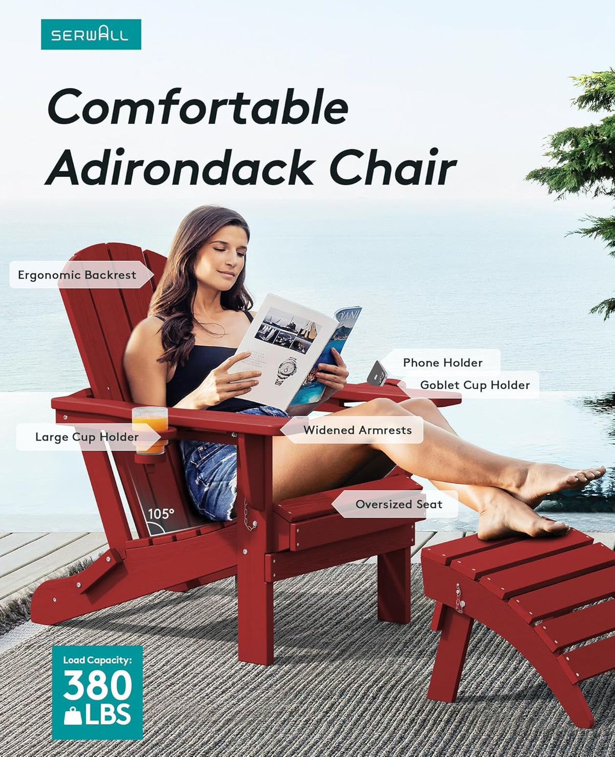 SERWALL Adirondack Chairs With Cup Holders, Set Of 6, HDPE, Dark Red